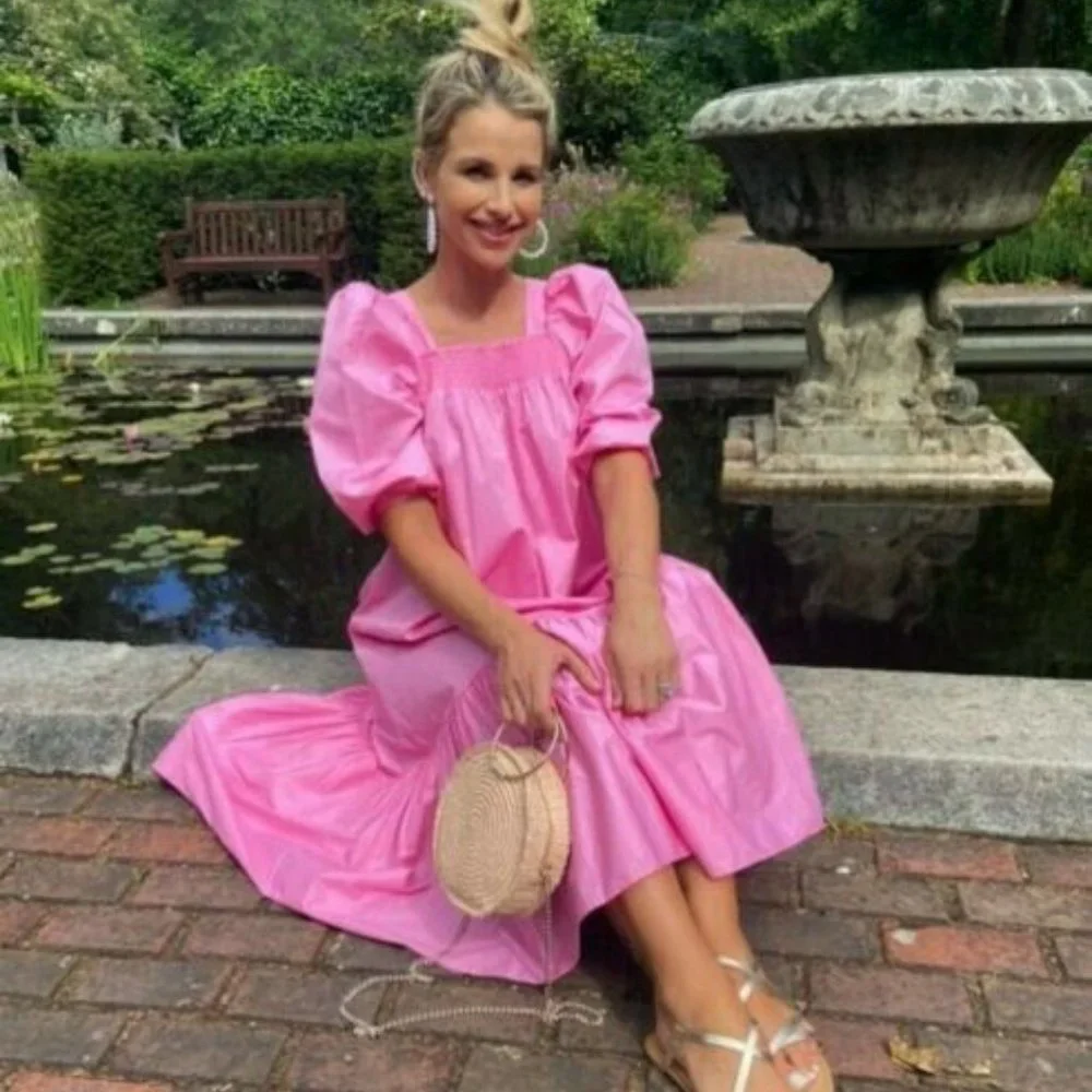 H&M Pink Puff Sleeve Voluminous Midi Dress XS Blogger Favorite NEW - Picture 7 of 14